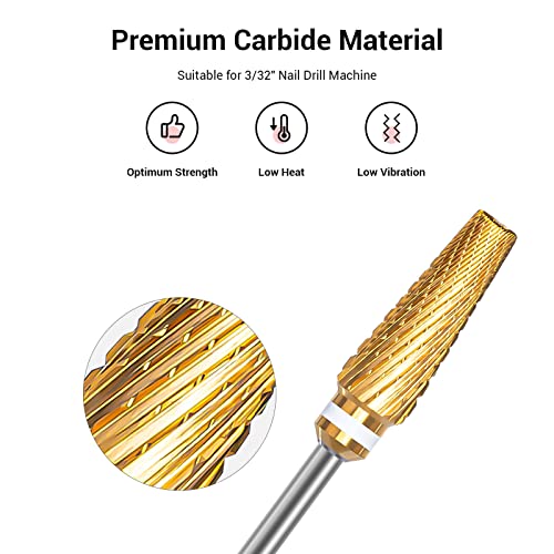 MelodySusie Upgrade 5 in 1 Nail Drill Bits, 3/32'' Carbide Tungsten Multi-function Mixed Sizes Edition, Suitable for Manicure Pedicure Cuticle Gel Polishing, Professional Advanced Bits, Series Bit X - color: Gold, size: XC+M+3XF-5 in 1 pro