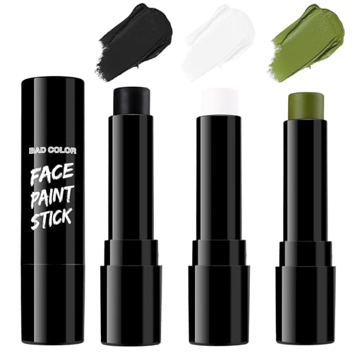 BADCOLOR 3PCS Black White Orge Green Face Body Paint Stick Makeup for Frankenstein/Witch/Grinch/Hulk/Alien/Demon/Evil Clown SFX Cosplay & Dress Up, Full-Coverage Halloween Facepaint Makeup Kit - color: 3PCS Frankenstein