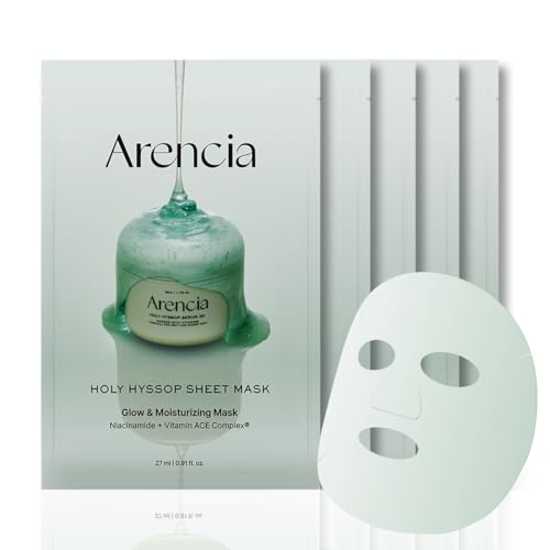 ARENCIA Hyssop Glow Sheet Mask, 5 Pack, Hydrating, Glowing, Boosting, Repairing for younger looking skin with Vitamin A,C,E - size: 5 Count (Pack of 1)