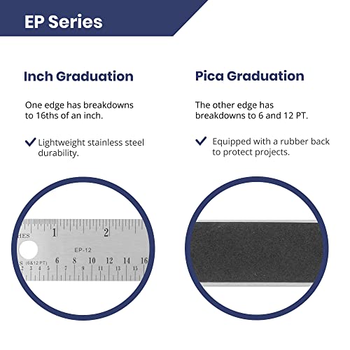 Pacific Arc Stainless Steel Ruler with Inch and Pica Measurements, 12 Inches Rubber Backed - size: 12 Inch
