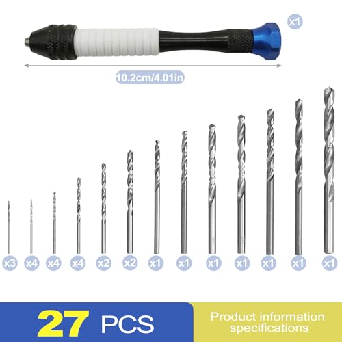 CepuXozi 26 Pcs Pin Vise Pen Style Drill Set, Micro Precision Manual Hand Drill Bits Kit, 0.5-3mm Small Wire Bits Including 1mm, for Resin Stones Crystals Jewelry Keychains Hobby Craft Models, Blue