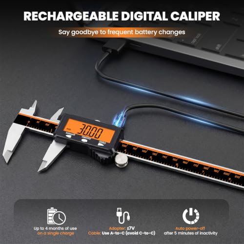 HARDELL Digital Caliper 8" USB-C Charging – Orange Display, Non-Backlit