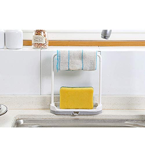 Kitchen Sink Sponge Holder with Dish Cloth Drying Rack, Rag Soap Rack Removable Sponge Brush Soap Dish Rack Sink Storage Organizer for Kitchen Countertop (Grey)
