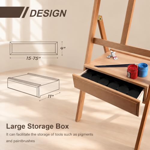 Large Solid Beech Wood Painting Easel H-Frame with Storage Drawer - color: Wooden Normal