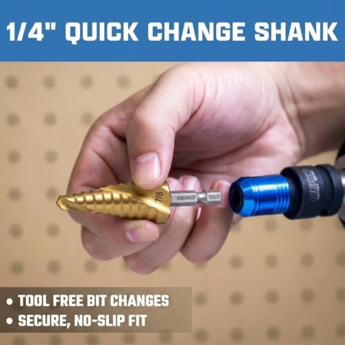 NEIKO 10621A Step Drill Bit, 1 Step 7/8" Spiral High Speed Steel, Titanium Nitride Coated, 1/4" Quick Change Step Bits for Steel, Metal, Wood, Plastic, Unibit Cone Drill Bits, Two Flute - size: #7 (7/8", 1S), style: Spiral