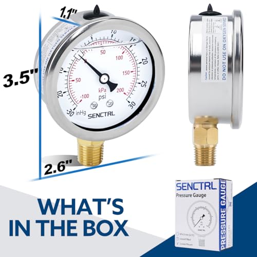 SENCTRL 30 inHg to 30 Psi Vacuum Glycerin Liquid Filled Low Pressure Gauge - size: -15-30 Psi, style: Lower Mount