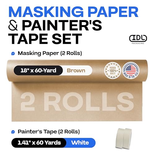 IDL Packaging 18" x 60 Yards Brown Masking Paper Set with Tape (2 Rolls) - size: Brown 18" X 60 Yards, style: SET White, Pack of 2