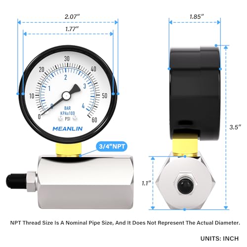 MEANLIN MEASURE 0-60Psi 2" Steel Double Graduated Air Test Pressure gauges, 3/4" FNPT Connection, -3-2-3% Accuracy - size: 0-60Psi, style: Chrome Body