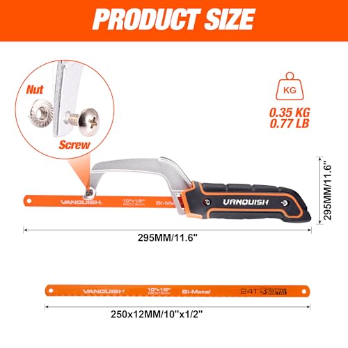 VANQUISH Aluminum Frame Mini Wood Hack Saw with 2 Piece Extra Flexible Bi-Metal HSS Blades Cutter Hand Hacksaw for Woodworking and Metal NW4851 - size: Hacksaw with extra blades