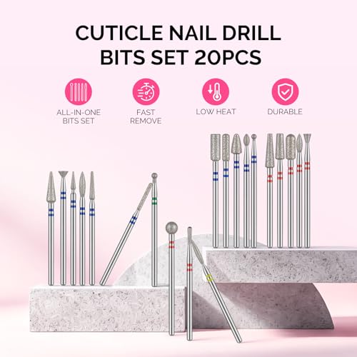 MelodySusie 20pcs Nail Drill Bits Diamond Cuticle Set Silver