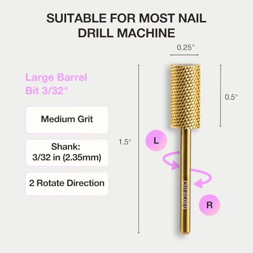 Curacoro Nail Drill Bits 3/32'' Large Barrel Carbide Bit (Medium) - color: Yellow Titanium - Large Barrel Bit, size: Medium