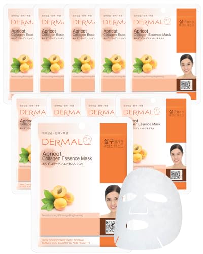 DERMAL Apricot Collagen Korean Essence Sheet Mask, Radiance, 23g, 10 Pack - color: Apricot Collagen