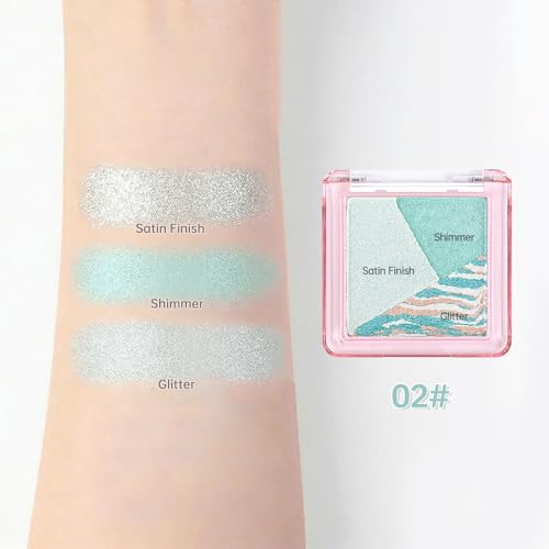Green Teal Shimmer Baked Eyeshadow Palette, 3 Color High Pigment Blendable Eye Shadow Makeup for Older Women, Travel Mini Palette Suitable for All Eye Shapes, Vegan Cruelty-Free Soft Smokey Look 02# - color: M-#02