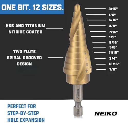 NEIKO 10611A Step Drill Bit, 12 Steps 3/16" to 7/8" Spiral High Speed Steel, Titanium Nitride Coated, 1/4" Quick Change Step Bits for Steel, Metal, Wood, Plastic, Unibit Cone Drill Bits, Two Flute - size: #4 (3/16 - 7/8", 12S), style: Spiral