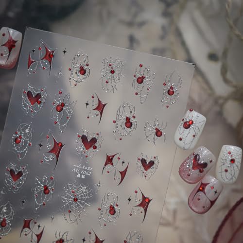 1 Sheet Halloween Nail Stickers for Nail Art Silver Spider Web Nail Decals with Red Rhinestones Spider Nail Design Gothic Halloween Holiday Crystal Red Spider Nails Supplies for Women Manicure DIY - color: Halloween Red Spider