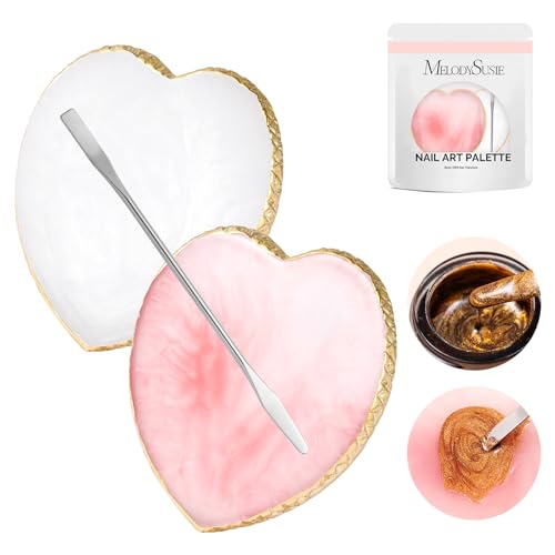 MelodySusie 2Pcs Heart Resin Nail Art Palette with Spatula, Pink & White - size: 2 PCS Heart Shape