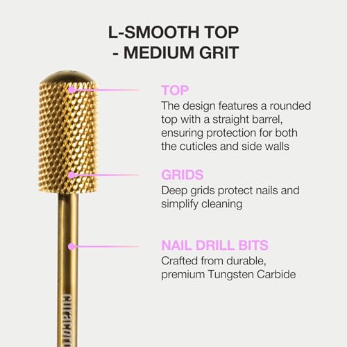 Curacoro Nail Drill Bits 3/32'' L-Shaped Smooth Top Carbide Bit (Medium) - color: Yellow Titanium - L-Smooth Top, size: Medium