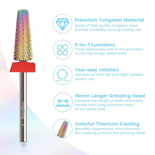Fine 16mm Long 5-in-1 Nail Drill Bit, Rainbow, 3/32", Two-Way Rotation - color: Multicolor-16mm Long, size: Fine