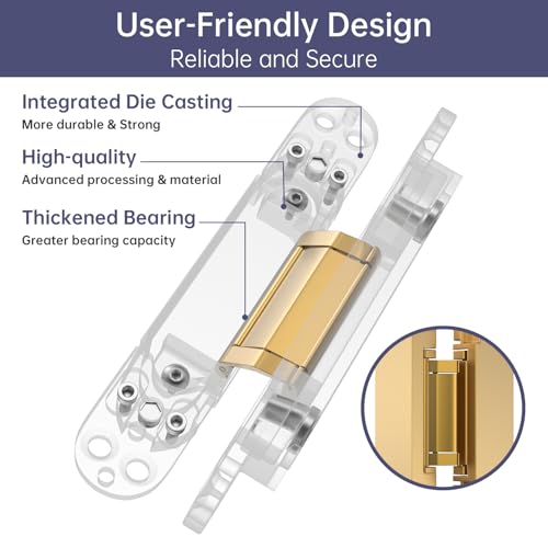 2PCS 6 Inch Invisible Concealed Door Hinges 180 Degree Swing Hinge (Gold)- - color: Gold - 6 inch - 2 pcs