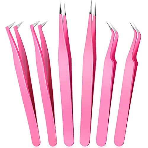 Mudder 6 Pack Lash Tweezers Set for Eyelash Extension, Pink - color: Pink