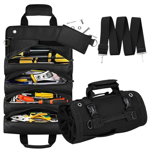 Roll Up Tool Bag, Portable Folding Tool Roll with Detachable Pouch - color: Black
