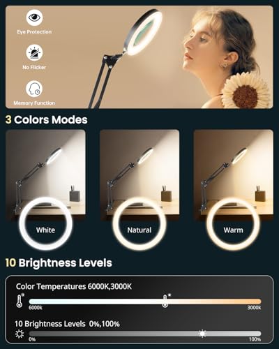 UBeesize 10X Magnifying Glass with Ring Light and Clamp for Desk