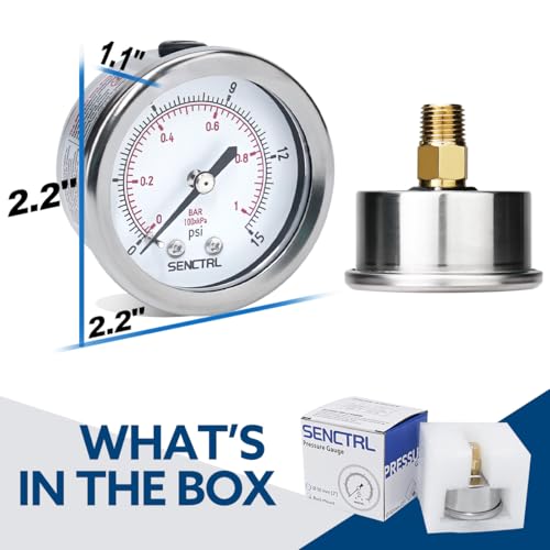 SENCTRL 0-15 Psi Low Pressure Gauge, 1/4" NPT Back Mount - size: 0-15 Psi, style: Back Mount