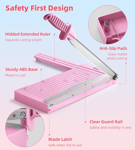 Firbon 12" Guillotine Paper Cutter with Hidden Ruler, Compact Paper Trimmer - color: Pink