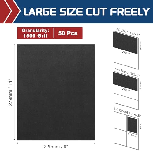 50Pcs Sand Papers 9x11In 1500 Grit Sandpaper Sheets Silicon Carbide - size: 1500 Grit
