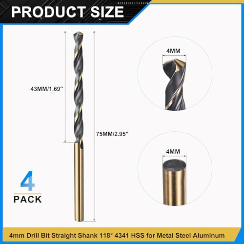 PATIKIL 4mm Drill Bit 4341 High-Speed Steel 118° for Thin Metal 4 Pack - size: 4mm