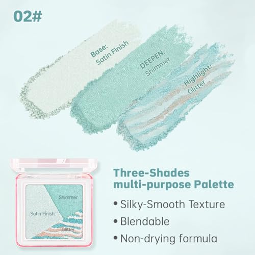 Green Teal Shimmer Baked Eyeshadow Palette, 3 Color High Pigment Blendable Eye Shadow Makeup for Older Women, Travel Mini Palette Suitable for All Eye Shapes, Vegan Cruelty-Free Soft Smokey Look 02# - color: M-#02