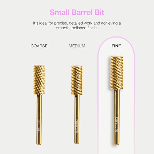 Curacoro Nail Drill Bits 3/32'' Small Barrel Carbide Bit (Fine) - color: Yellow Titanium - Small Barrel Bit, size: Fine