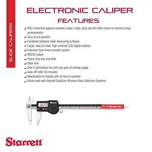 Starrett Stainless Steel IP67 Electronic Slide Caliper - 0-8" Range, .0005" Resolution, LCD Display, RS232 Output, Fine Adjustment, Slide Lock, in/mm Conversion - 798B-8/200