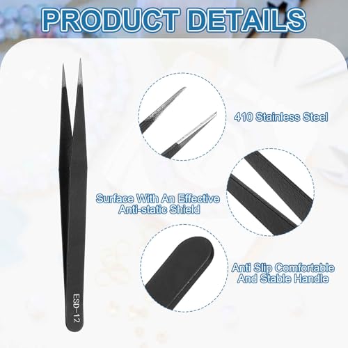HARFINGTON 3pcs 4.7" Long ESD-12 Anti-static Straight Pointed Tip Tweezers - size: 4.7"（ESD-12)