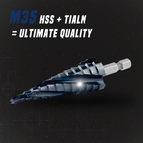 3pcs Four Spiral Flute Cobalt Step Drill Bit Set 1/4" Hex Shank 1/8"-7/8" - color: Black, size: 1/8" to 7/8" 34 steps