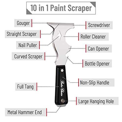 Bates- Paint Scraper, 10-in-1 Painter’s Tool, 3 Pack, Sharp Beveled Blade & Strong Handle, Hammer End, Multi-Use Paint Scraper for Wood, Caulk, Adhesive, Varnish Removal, Putty Knife & Spackle Tool - color: Black, size: 3 Pack