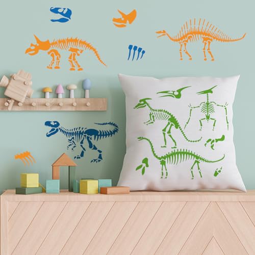 MAYJOYDIY 3pcs Dinosaur Skeleton Stencil Template Stegosaurus Triceratops Tyrannosaurus Rex Stencils 11.8×11.8inch with Paint Brush Dinosaur Footprint Stencils for Painting DIY Craft Window Wood - color: Dinosaur Skeleton