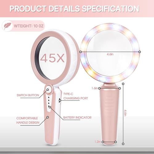 45X Magnifying Glass with Light for Reading, Jewelry, Low Vision Seniors - color: Pink
