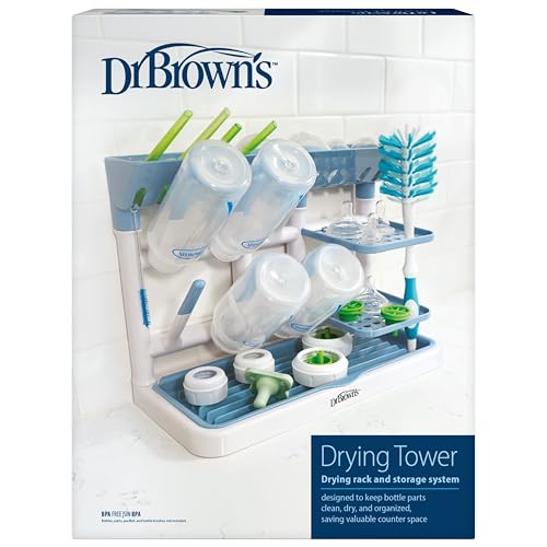 Dr. Brown's Drying Tower, Stand-Up Drying Rack, Countertop Baby Bottle Drying with Organized Storage for Baby Essentials, Space Saving Vertical Rack, Blue/White - size: Countertop, style: Blue/White Stand-Up Drying Rack