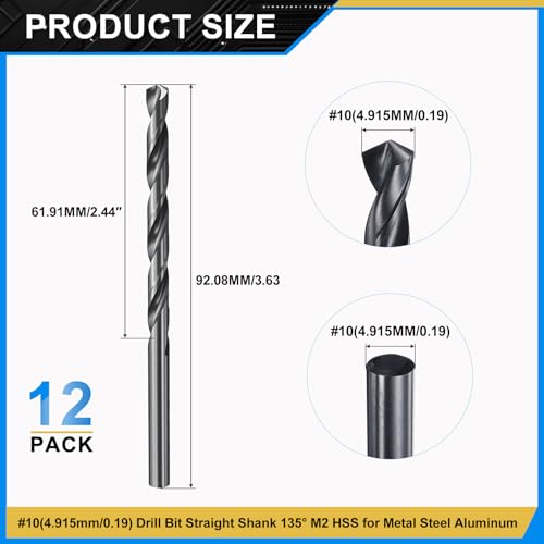 PATIKIL #10 Drill Bit Micro M2 High-Speed Steel 135° for Metal 12 Pack - size: #10 (4.915mm)
