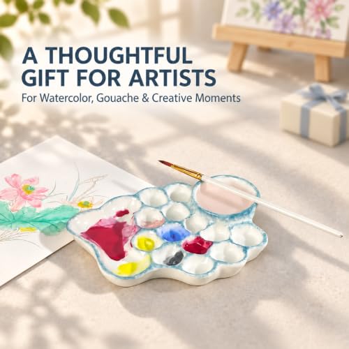 Blue Ceramic Paint Palette with Built-in Washing Area and Large Mixing Area