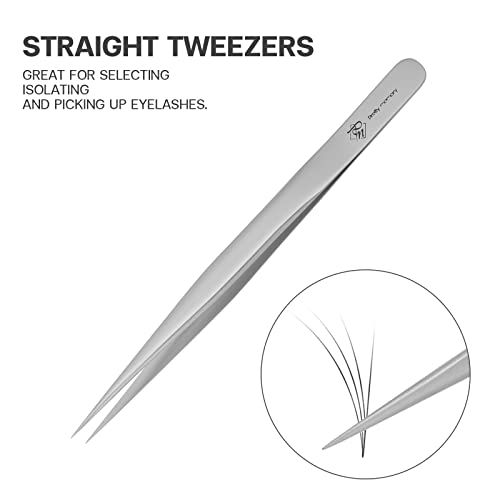 Pretty memory Pointed Tweezers for Eyelash Extensions, Stainless Steel Precision Straight Tip Lash tweezers for Isolation and Individual Lashes, Silver