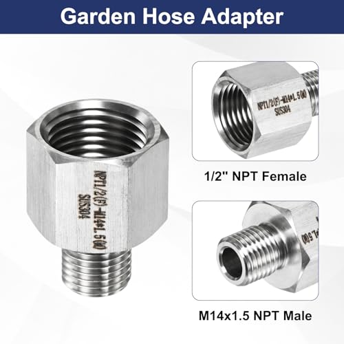 M METERXITY 2-Pack Garden Hose Adapter, Stainless Steel 1/2" NPT Female x M14x1.5 NPT Male Threaded Connector with Sealing Tape Garden Hose Convert Fitting for Pipe Fitting/Shower - size: 1/2" NPT Female x M14x1.5 NPT Male
