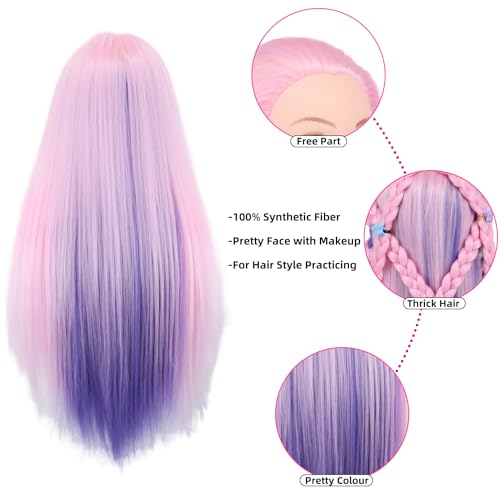 Eumos Mannequin Head with Hair, 29'' Doll Head for Hair Styling - color: Pink Purple