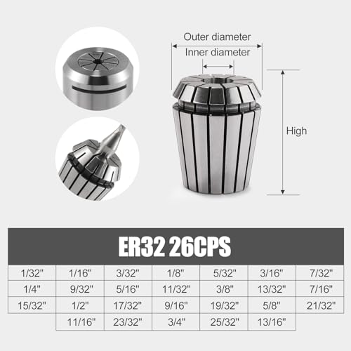ER32 Collet Set 26PCS ER32 Spring Collet Set CNC Engraving Milling Lathe Chuck Tool 1/32-13/16 Inch for CNC Engraving Machine & Milling Lathe Tool Workholding Engraving Collets - size: ER32