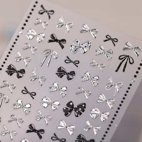 1 Sheet Polka Dots Silver Bow Nail Art Stickers 5D Embossed Bow Nail Stickers Y2K Black Silver Kawaii Bow Knot Nail Decoration with Metal Design Ribbon Bow Tie Nails Supplies for Women DIY Manicure - color: Silver Bow