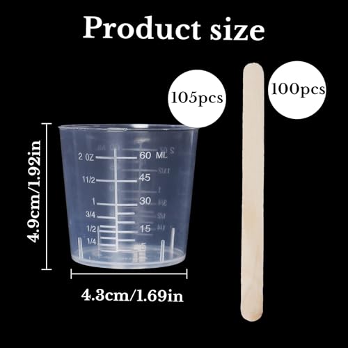 Klmnop 105 Pack Plastic Mixing Cups, 60ml/2oz Disposable Scale Cups with 100 Wooden Mixing Sticks for Mixing Paint, Stain, Epoxy and Resin(Clear)