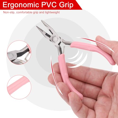 HARFINGTON Needle Nose Pliers 5" Mini Jewelry Pliers with Cutter & Non-slip PVC Handle Thin Precision Jewelry Flat Jaw for Beading Tool Hobby Craft, Pink