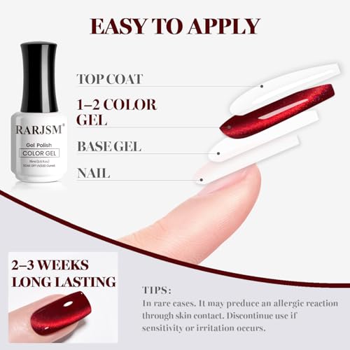 RARJSM Berry Red Glass Glitter Cat Eye Gel Nail Polish with Magnetic Stick - color: Berry Red