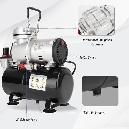 Timbertech Airbrush Compressor, High-performance Single-Piston Oil-free Mini Compressor AS186 with 3L Tank, Regulator, Moisture Trap for Hobby, Cake Decoration, Tattoo, Automotive Graphic, Make-up